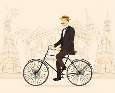 Eski şehir arka plan üzerinde retro vintage eski bisiklet üzerinde Gentleman