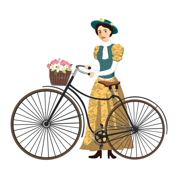 여자 에 복고풍의 자전거 와 모자 과 바구니 벡터 일러스트 리 고립 — 스톡 벡터