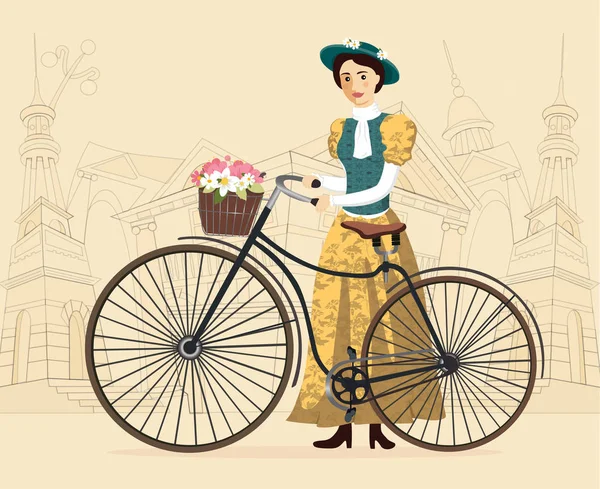 Elegant lady with hat in vintage costume on a old bicycle vector Illustration cityscape — Stock Vector