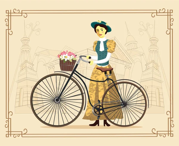 Elegante dama en una bicicleta vieja en traje vintage vector Ilustración paisaje urbano — Archivo Imágenes Vectoriales