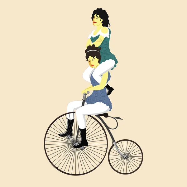 Dwa cyrkowe kobiety na retro rower w Vintage kostium wektor — Wektor stockowy