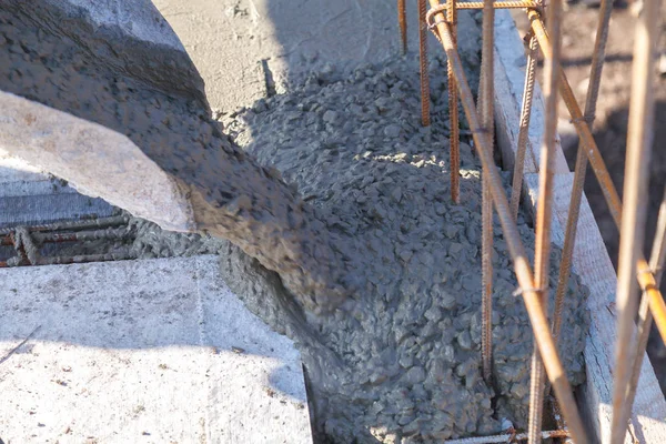 Workers Pour Foundation Construction Residential Building Using Mobile Concrete Mixers — Stock Photo, Image