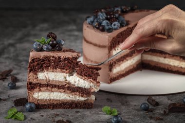 Üçlü çikolatalı mus. Üç çikolatalı cheesecake. Güzel ve lezzetli bir tatlı, böğürtlen ve böğürtlenlerle süslenmiş.