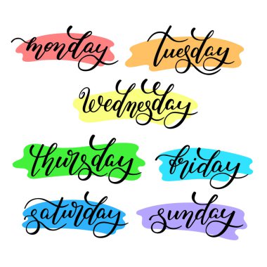 Haftanın mektup günleri - Pazartesi, Salı, Çarşamba, Perşembe, Cuma, Cumartesi, Pazar. Takvim için el yazısıyla yazılmış kelimeler, haftalık plan, düzenleyici.