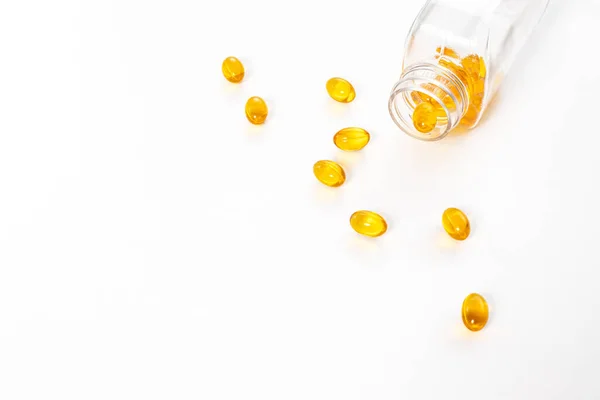 Yellow Color Fish Oil Capsules Glass Bottle White Background — Stock Photo, Image