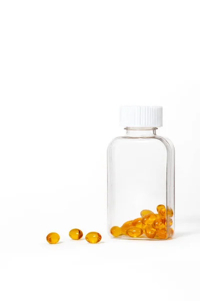 Yellow Color Fish Oil Capsules Glass Bottle White Background — Stock Photo, Image