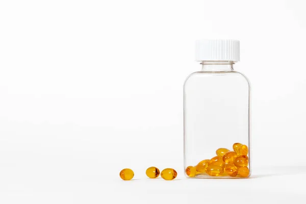 Yellow Color Fish Oil Capsules Glass Bottle White Background — Stock Photo, Image