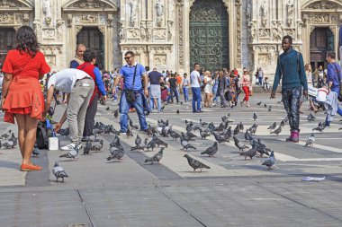 Milan, İtalya - 10 Mayıs 2018: Tanımlanamayan kişilik bir kalabalık ve şehir - Katedral Meydanı ana turistik ortasına güvercin sürüleri olduğunu.