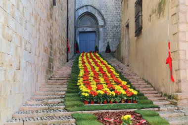 Girona, İspanya - 14 Mayıs 2017: Bir sokak-merdiven bir Katalanca şeklinde çiçeklerle bezenmiştir eski ortaçağ şehir bu çiçek Festivali sırasında bayrak.