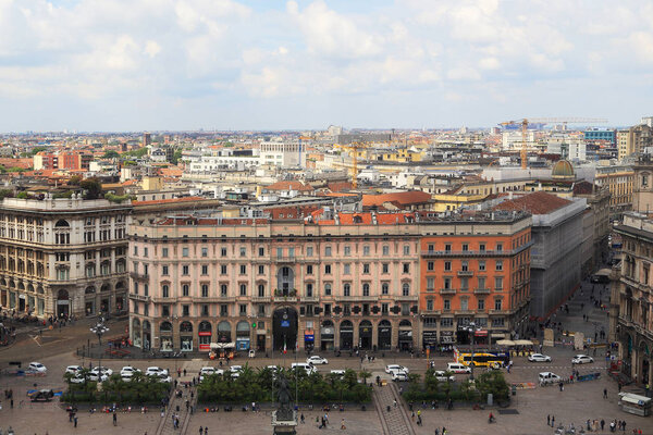 MILAN, ITALY - MAY 17, 2018: This is an aerial view of old Milan from the height of the Cathedral.