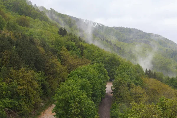 Het Een Opkomende Mist Hellingen Van Beboste Heuvels Een Bewolkte — Stockfoto