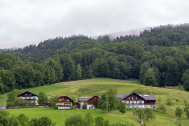 INNERSCHWAND, AUSTRIA - 26 Mayıs 2024: Bu Salzkammergut bölgesinde Mondsee Gölü kıyısında küçük bir köy.