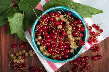 Kırmızı ve beyaz kuş üzümü bir kahverengi ahşap tahta üzerinde bir seramik kase. Çilek toplama sezonu.