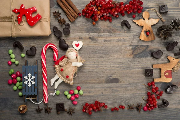 Año Nuevo Fondo Navidad Juguetes Navidad Oropel Caramelos Especias Sobre — Foto de Stock