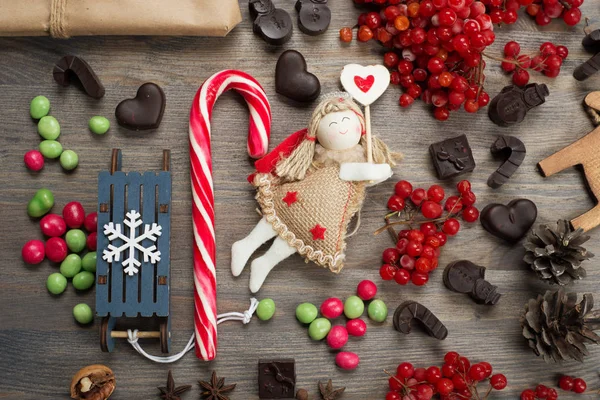 Concepto Año Nuevo Navidad Ángel Juguete Árbol Navidad Caramelo Chocolates — Foto de Stock