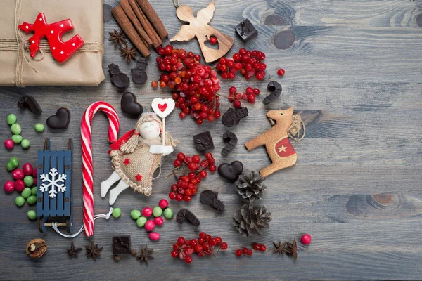 Ano Novo Conceito Natal Árvore Natal Brinquedo Anjo Caramelo Chocolates — Fotografia de Stock