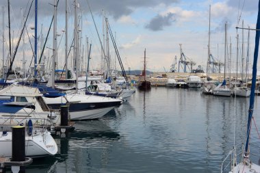 Deniz manzarası. Marina. Yat, gemi ve tekne denize. Larnaca, Kıbrıs