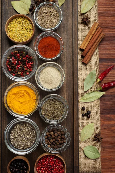 Spices Seasonings Brown Wooden Board — Stock Photo, Image