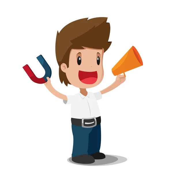 Business Man Hold Magneet Megaphone Vector — Stockvector