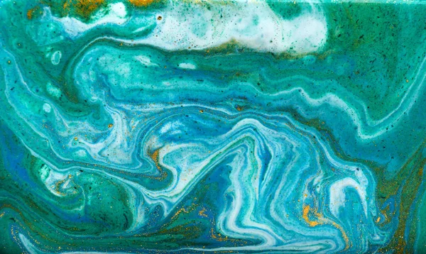 Blue, green and gold marbling pattern. Golden powder marble liquid texture.