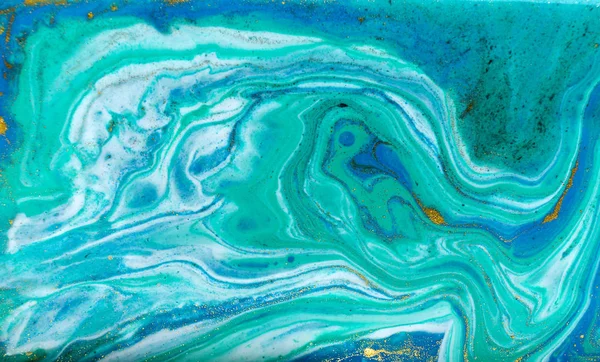 Blue, green and gold marbling pattern. Golden powder marble liquid texture.