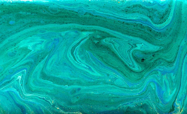 Green and blue agate ripples. Golden glitter marble texture.