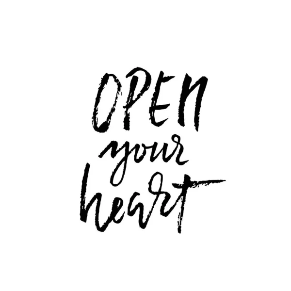 Hand lettered inspirational quote. Open your heart. Hand brushed ink lettering. Modern brush calligraphy. Vector illustration.