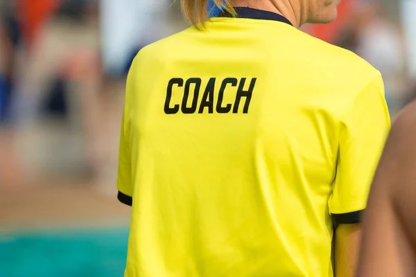 Vista Trasera Los Entrenadores Natación Con Camisa Coach Trabajando Juntos — Foto de Stock