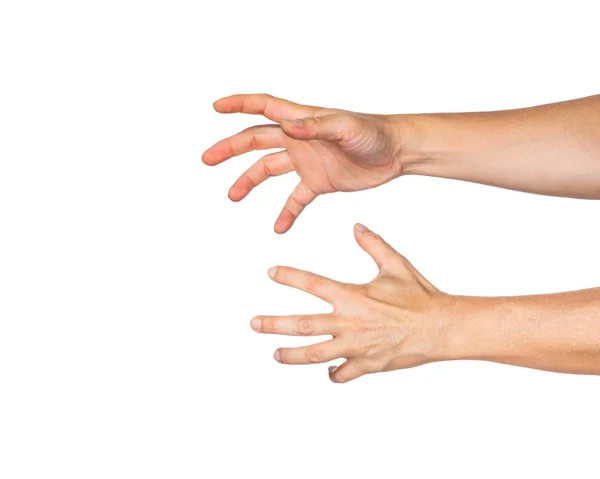 Duas mãos masculinas estendendo-se para pegar algo, fundo branco — Fotografia de Stock