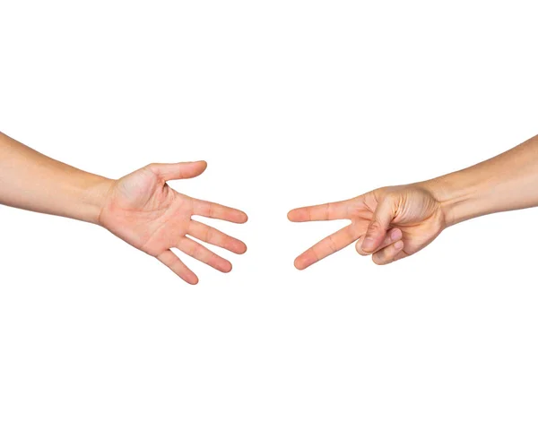 Mãos masculinas jogando Rock Paper Scissors no fundo branco — Fotografia de Stock