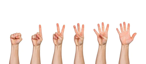 Cinco manos masculinas levantadas en puño y señalando con los dedos hacia arriba — Foto de Stock