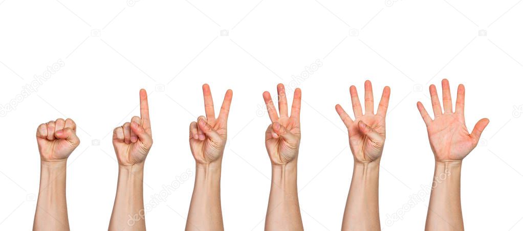 Five male hands rasie up in fist and pointing fingers up