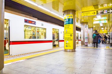 Yolcular Tokyo'da bir metro istasyonunda metro treni bekliyor