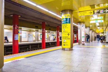 Yolcular Tokyo'da bir metro istasyonunda metro treni bekliyor