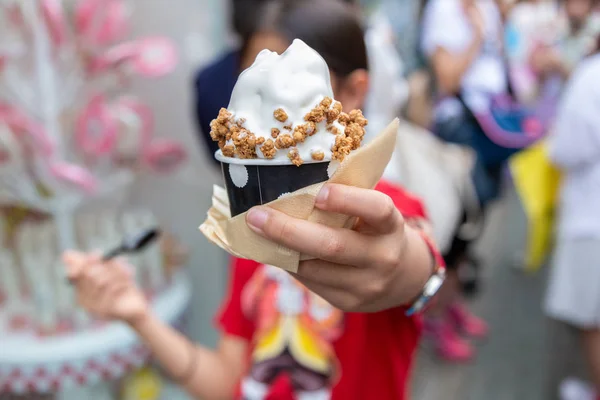 Mladá šťastná dívka, užívající si měkké krémy, Japonská zmrzlina — Stock fotografie