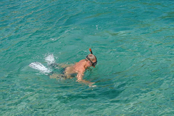 Adult man, pensioner is snorkeling in the turquoise waters of Adriatic Sea. Healthy elder enjoying summer day outdoors. Activity leisure — Stock Photo, Image