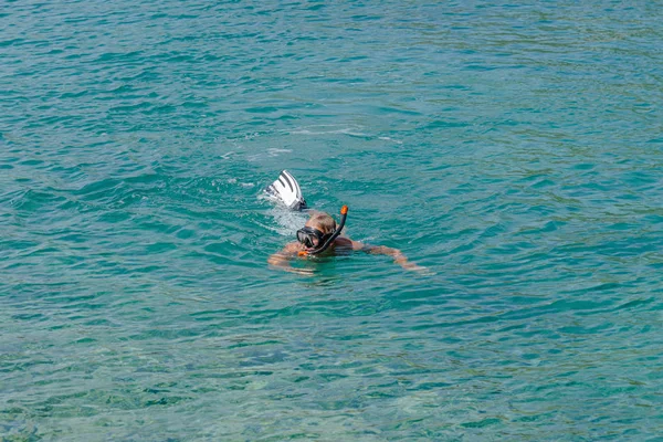 Adult man, pensioner is snorkeling in the turquoise waters of Adriatic Sea. Healthy elder enjoying summer day outdoor. Activity leisure and travel. Active retirement concept