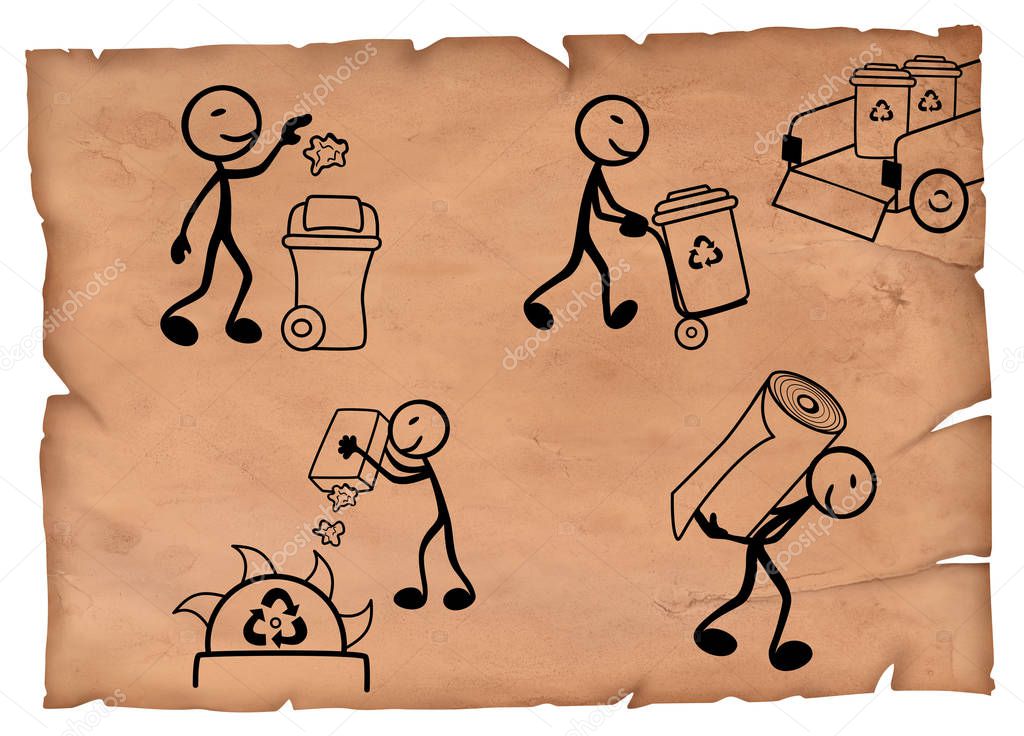 Old-fashioned illustration of recycling paper cycle steps from waste to new product.