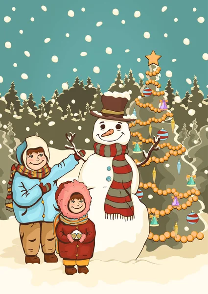 Children make snowman, cartoon colorful drawing, vector illustration. Painted cute boy and girl, funny snowman and New Year\'s decorated Christmas fir-tree in the park with snow and falling snowflakes