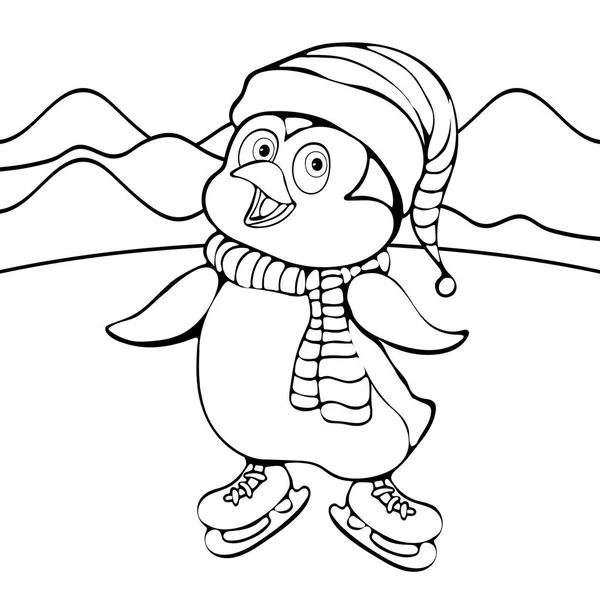 Penguin linear hand drawing, cartoon character, vector black and white illustration, coloring, sketch, outline picture. Cute funny penguin in a hat and scarf ride skates winter on ice and mountains