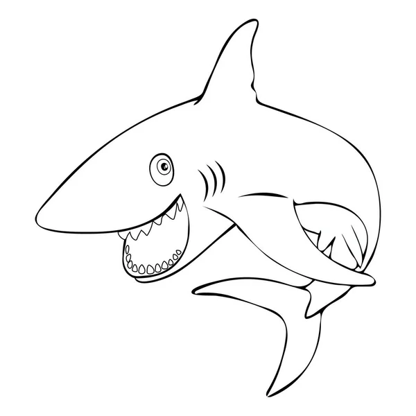 Funny fish shark smiling jumps out of the water, linear hand drawing, cartoon character, vector black and white illustration, coloring, sketch, silhouette, outline picture isolated on white background