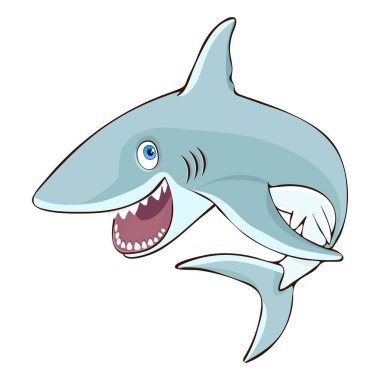 Köpekbalığı su çizgi film karakteri, vektör çizim, karikatür, etiket, tasarım öğesi dışarı atlar. Açık ağız ve beyaz arka plan üzerinde izole gülümseme ile renkli boyalı şirin komik balık köpekbalığı