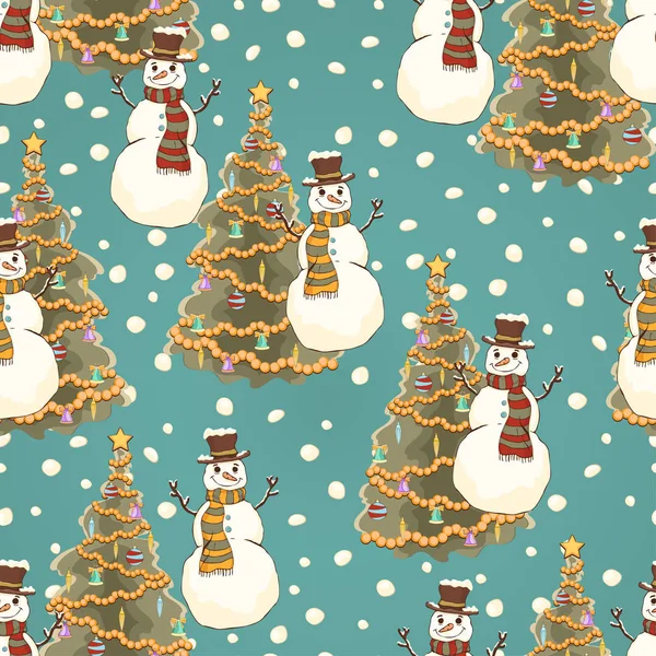 シリンダーの帽子とスカーフのシームレスなパターン 明るいカラフルな漫画の描画 ベクトルの背景で陽気な雪だるま 背景色が水色で飾られたクリスマス ツリーかわいい面白い笑顔描かれた雪の男 — ストック写真