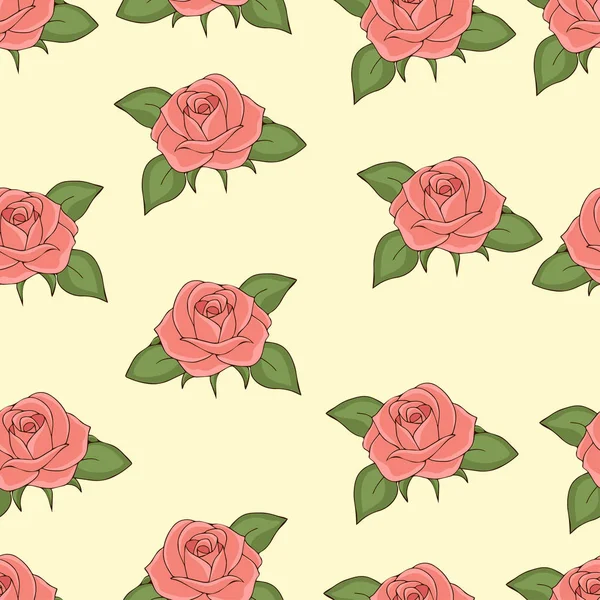ピンクのバラのシームレスなパターン 手描き ベクトル図です 描かれた花蕾での柔らかいピンクの花びらと明るい黄色の背景に緑の葉 生地デザインの壁紙 — ストック写真