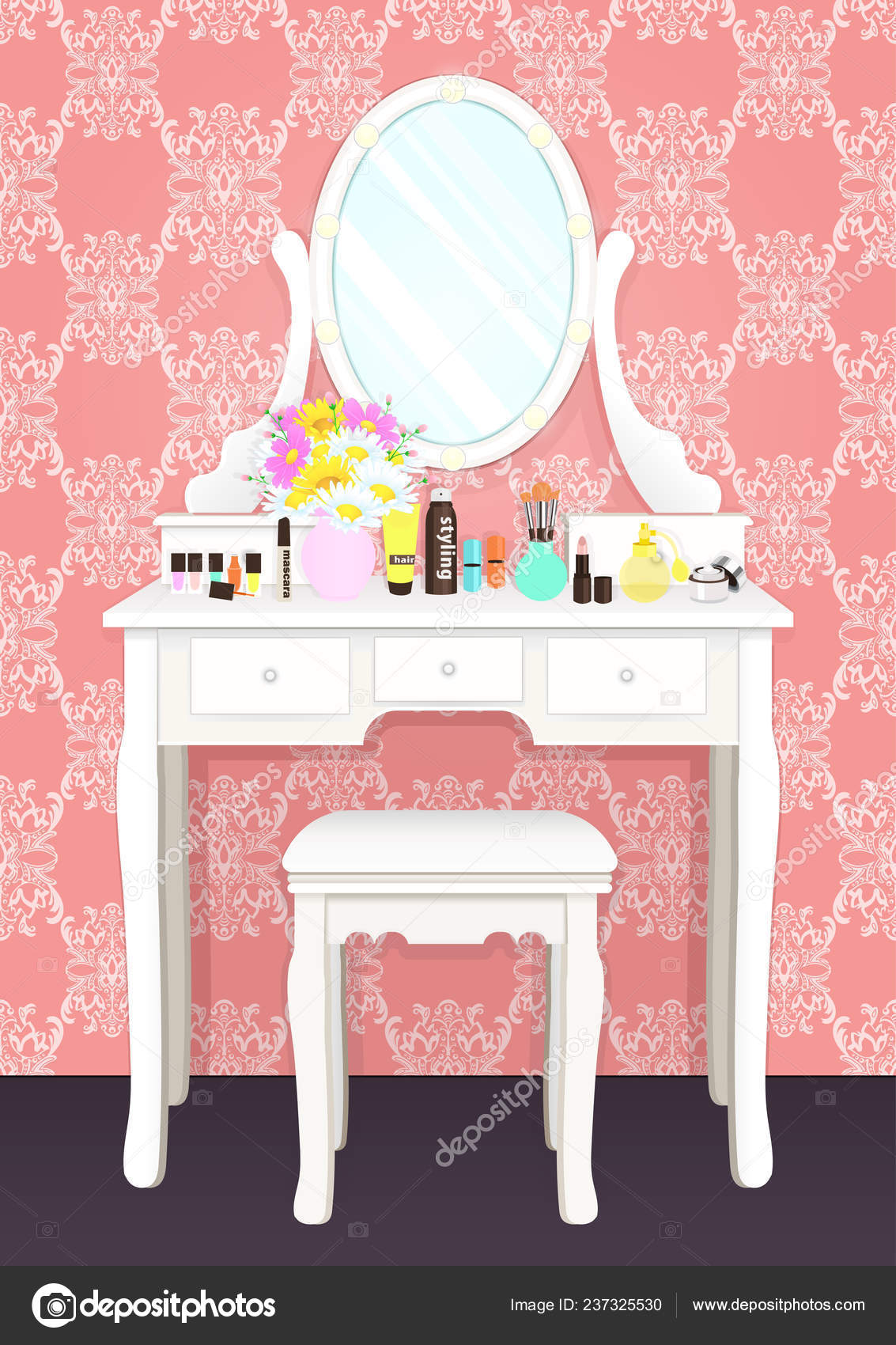 Dressing table with mirror with lights, female boudoir for makeup, flat drawing, vector illustration. White table and mirror with light bulbs and Dressing table with mirror with lights, female boudoir for makeup, flat drawing, vector illustration. White table and mirror with light bulbs and