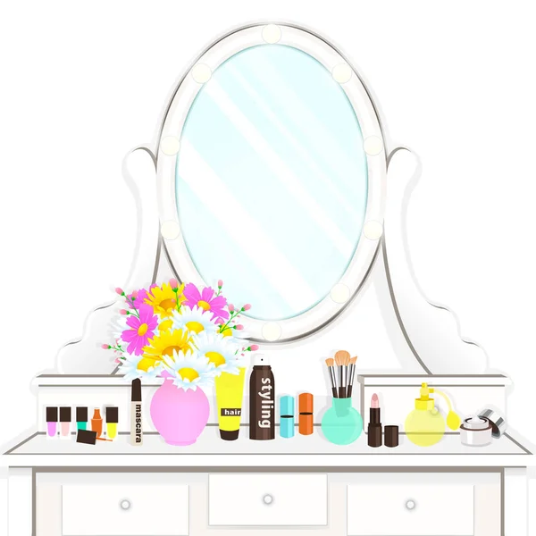 Dressing table with mirror with lights, female boudoir for makeup, flat drawing, vector illustration. White table and mirror with light bulbs and with cosmetic and flowers isolated on white background