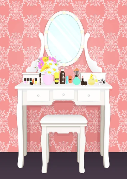 Toaletka Lustrem Światła Kobiece Boudoir Dla Makijażu Płaskich Rysunków Ilustracji — Zdjęcie stockowe