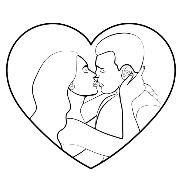 Couple in love contour, silhouette, linear black and white outline vector drawing, coloring, sketch, feeling, lovers man and woman hugging and kiss in frame heart shape isolated on white background