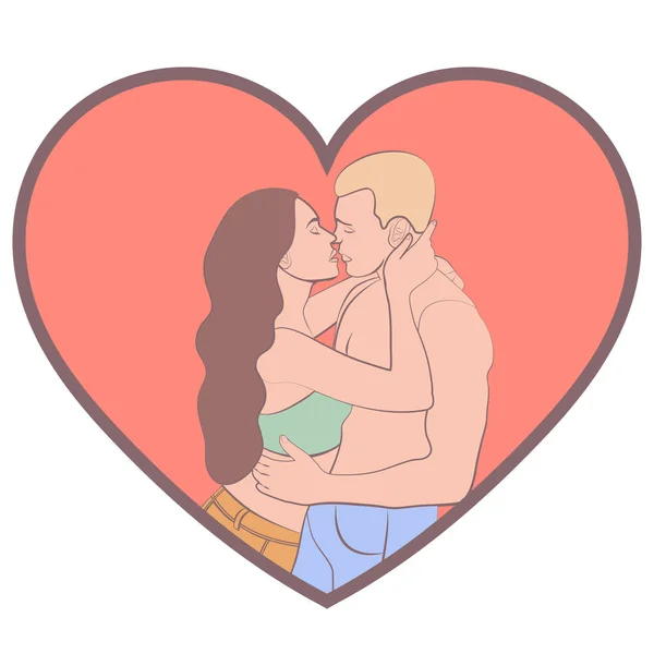 Couple in love, lovers beautiful man and woman hugging and kiss in shape of scarlet heart, isolated on white background, colorful pastel cartoon drawing, vintage icon, sticker, vector illustration