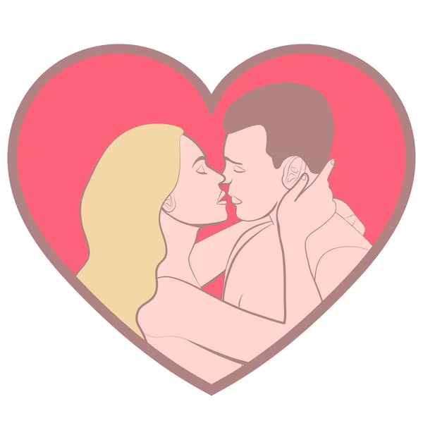 Couple in love, lovers beautiful man and woman hugging and kiss in shape of pink heart, isolated on white background, colorful pastel cartoon drawing, vintage icon, retro sticker, vector illustration